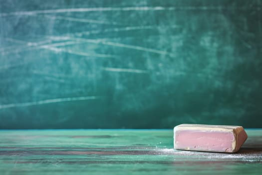 First-class, An empty green chalkboard with an eraser and white chalk, ready for Teacher's Day. Neural network generated image. Not based on any actual scene or pattern.