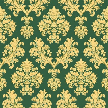 Seamless texture of green and gold damask pattern. Neural network generated image. Not based on any actual scene or pattern.