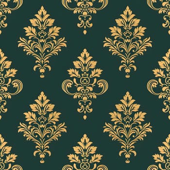 Seamless texture of green and gold damask pattern. Neural network generated image. Not based on any actual scene or pattern.