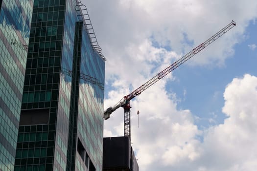 A crane standing on the rooftop of a tall building, surveying its surroundings with precision and grace under the blue sky.