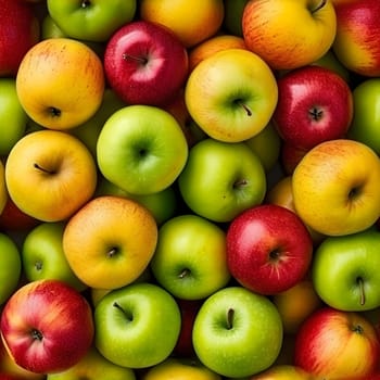 Seamless texture and background of different color apples pile with high angle view. Neural network generated image. Not based on any actual scene or pattern.