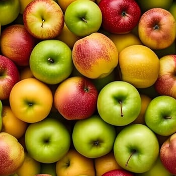 Seamless texture and background of different color apples pile with high angle view. Neural network generated image. Not based on any actual scene or pattern.