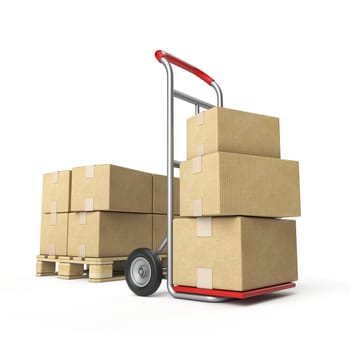 Hand truck with cardboard boxes 3D rendering illustration isolated on white background