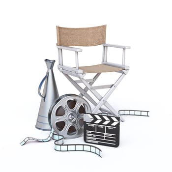 Directors chair, film reel, old megaphone and clapperboard 3D rendering illustration isolated on white background