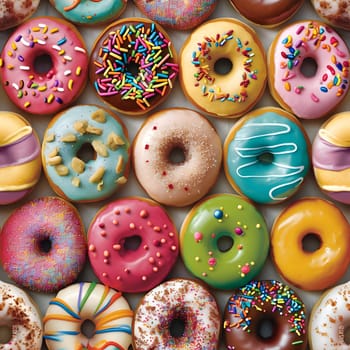 Seamless texture and pattern of colorful glazed doughnuts with high angle view. Neural network generated image. Not based on any actual scene or pattern.