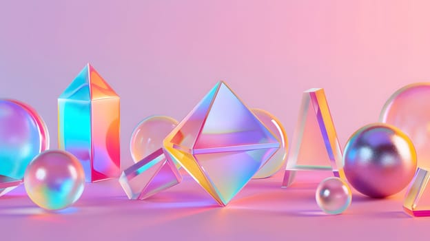 holographic pastel glass discrete shapes on pink background. Neural network generated image. Not based on any actual scene or pattern.