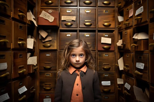 Innocent Cute small girl. Archivist filing cabinets. Generate Ai