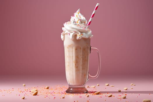 Creamy milkshake with sprinkles and whipped cream on pink background.