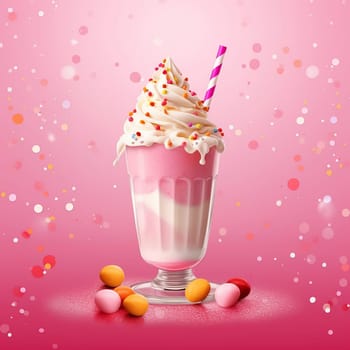 A pink milkshake topped with whipped cream, sprinkles, and a straw.