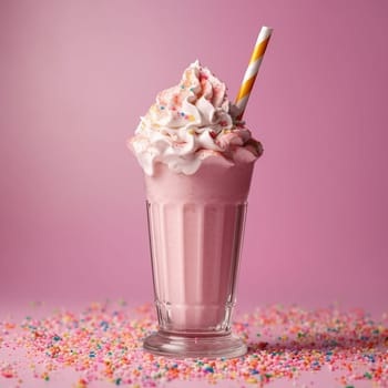 A creamy pink milkshake topped with whipped cream and sprinkles, straw inserted, on pink background
