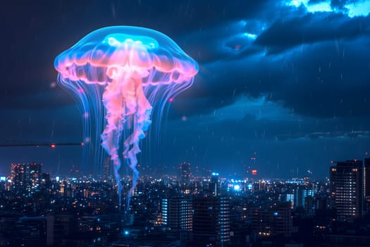 Glowing blue jellyfish UFO over night city. Neural network generated image. Not based on any actual scene or pattern.