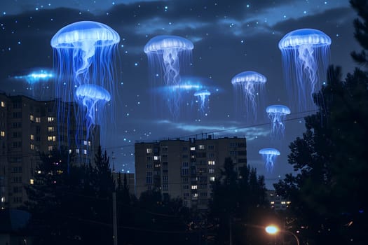 Glowing blue jellyfish UFO over night city. Neural network generated image. Not based on any actual scene or pattern.