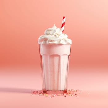 Creamy milkshake with sprinkles and whipped cream on pink background.