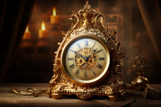 Intricate Gold old clock. Retro time. Generate Ai