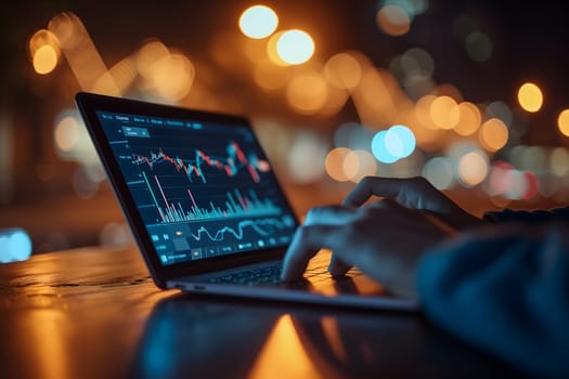 Laptop with human hands typing and stock market trading charts on the screen with night lights bokeh in the background. Neural network generated image. Not based on any actual scene or pattern.