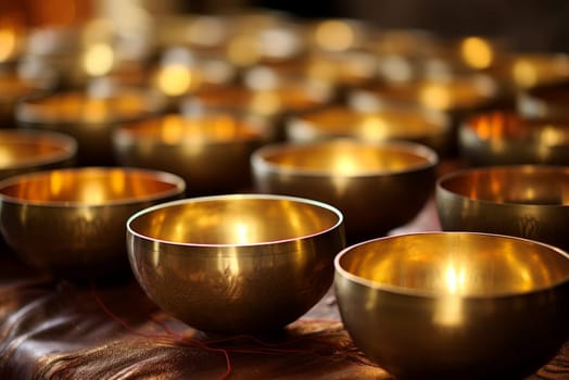 Antique Golden singing bowls. Culture sound asian. Generate Ai