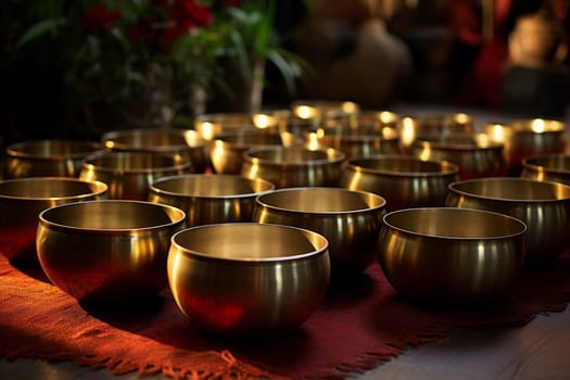 Therapeutic Golden singing bowls. Culture sound asian. Generate Ai