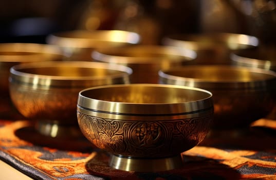 Resonant Golden singing bowls. Culture sound asian. Generate Ai