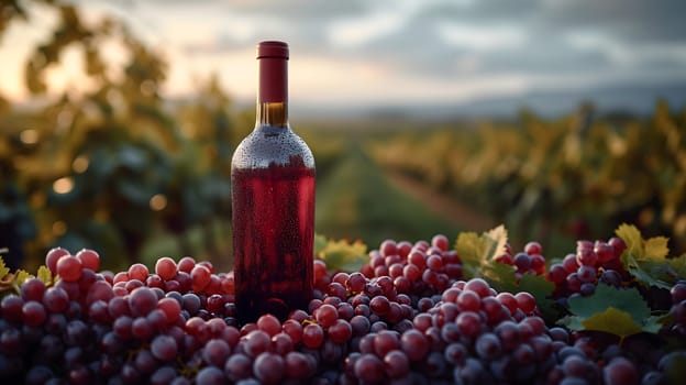 A red wine bottle in front of a landscape of grape farmland. Neural network generated image. Not based on any actual scene or pattern.