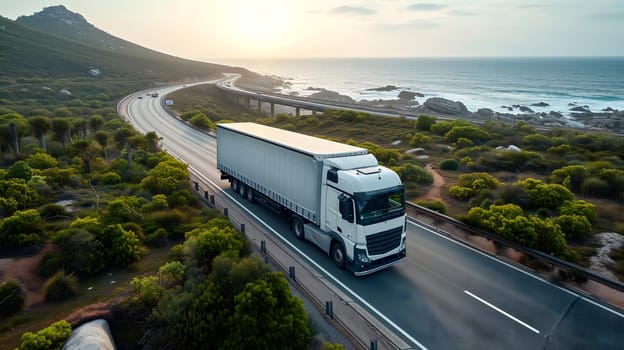 White European semitruck is seen from the sky on a highway backed by vegetation. Neural network generated image. Not based on any actual scene or pattern.