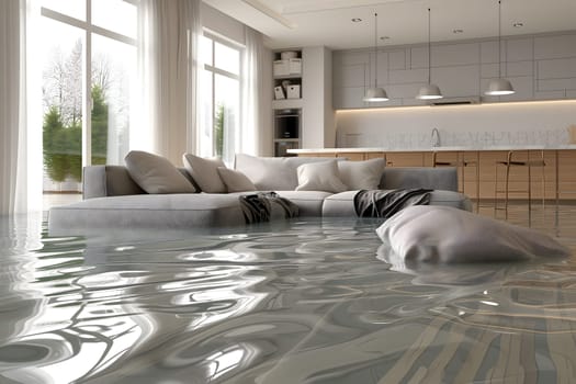 Home Floor Flooded, Showcasing Water Damage And Potential Issues. Neural network generated image. Not based on any actual scene or pattern.