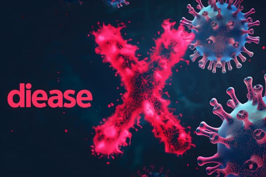 Disease X conceptual composition with coronaviruses for new pandemic topic. Neural network generated image. Not based on any actual scene or pattern.