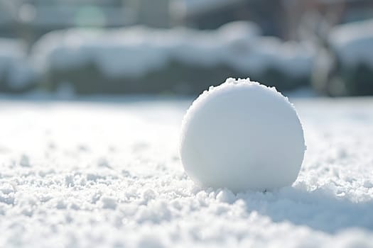 Snowball on snow covered ground at sunny winter day for snow ball effect concept. Neural network generated image. Not based on any actual scene or pattern.