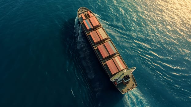 Cargo ship full of standard shipping containers at the sea during shipping at day time. Neural network generated image. Not based on any actual scene or pattern.