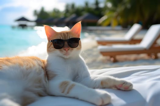 happy domestic cat with sunglasses laid on tropical beach, vacation theme. Neural network generated image. Not based on any actual person or scene.