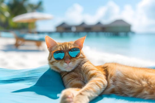 tabby cat with sunglasses laid on tropical beach, vacation theme. Neural network generated image. Not based on any actual person or scene.