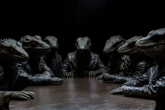 Group of reptile men in business suits sitting at the table in dark room, secret world government concept. Neural network generated image. Not based on any actual scene or pattern.