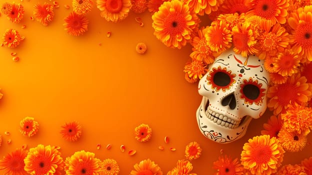 Dia De Los Muertos or Day of the Dead Celebration Banner background with sculls and yellow flowers. Not based on any actual person, scene or pattern.