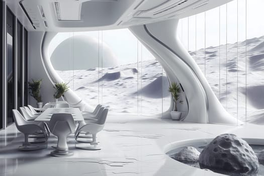 futuristic clean white space station style interior of dining room. Neural network generated image. Not based on any actual scene or pattern.