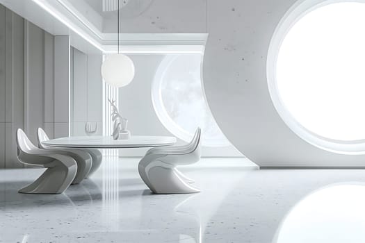 futuristic clean white space station style interior of dining room. Neural network generated image. Not based on any actual scene or pattern.