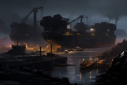 Heaps coal cargo port sunset. Line conveyor. Generate Ai