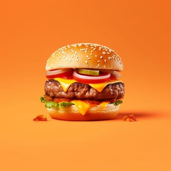 Juicy cheeseburger with lettuce, tomato, cheese, and pickles on an orange background.