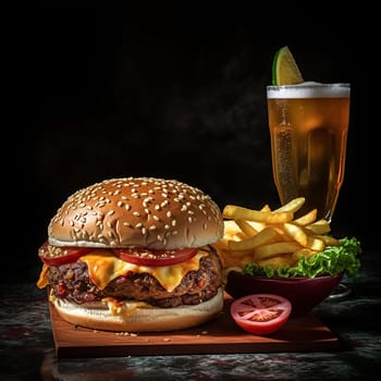 Juicy cheeseburger with fries and a cold beer
