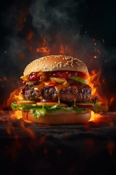Juicy burger with cheese, lettuce, and sauce, surrounded by flames.