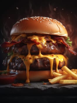 Double cheeseburger with bacon, lettuce and fries on a dark background