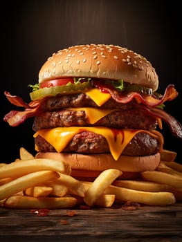Double cheeseburger with bacon and fries on a dark background