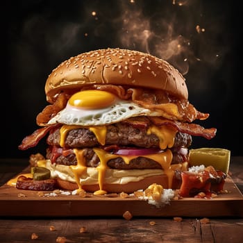 A loaded burger with multiple layers of meat, cheese, bacon, and a fried egg on top.