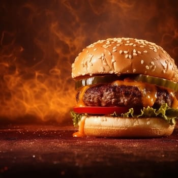 Juicy cheeseburger with lettuce, tomato, cheese, and steam rising.