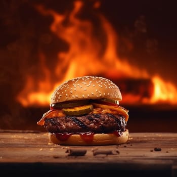 Juicy grilled burger with cheese, lettuce, and tomato against a fiery background.