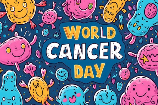 Simple cartoon world cancer day background with the inscription on it, surrounded with colorful happy tumors. Neural network generated image. Not based on any actual scene or pattern.