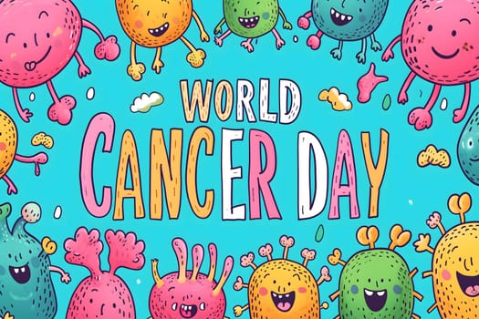 Simple cartoon world cancer day background with the inscription on it, surrounded with colorful happy tumors. Neural network generated image. Not based on any actual scene or pattern.