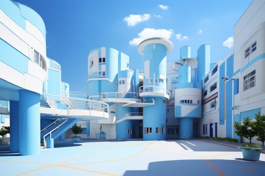 Serene Hospital double blue sky. Futuristic care. Generate ai