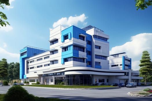 Luminous Hospital double blue sky. Futuristic care. Generate ai