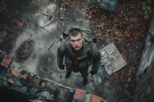 Soldier on the battlefield, view from above, drone point of view. Neural network generated image. Not based on any actual scene or pattern.