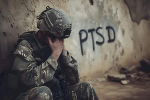 sad soldier and inscription PTSD on the wall, PTSD for post-traumatic stress disorder. Neural network generated image. Not based on any actual scene or pattern.