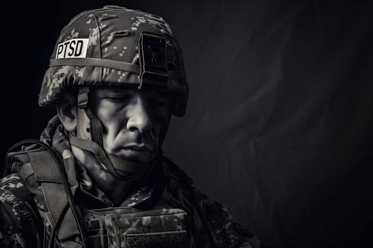 Sad soldier and inscription PTSD on his helmet, PTSD for post-traumatic stress disorder. Neural network generated image. Not based on any actual scene or pattern.
